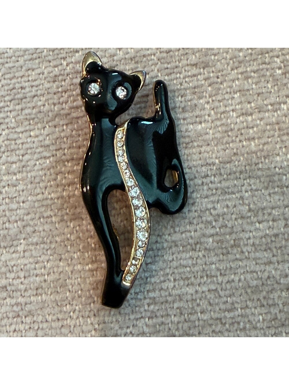 Vintage Black Cat Enamel Rhinestone Brooch Gold Tone Fashion Jewelry Pin